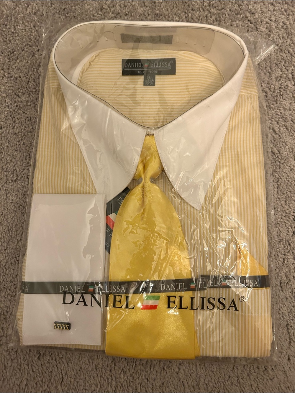 NWT Daniel Ellissa Yellow Stripe French Cuff Dress Shirt Tie Set 19.5 36/37